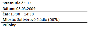 Blok textu: Stretnutie .:  12
Dtum: 05.03.2009
as: 13:00 – 14:30
Miesto: Softvrov tdio (D07b)
Prlohy: 


