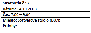 Blok textu: Stretnutie .: 2
Dtum: 14.10.2008
as: 7:00 – 9:00
Miesto: Softvrov tdio (D07b)
Prlohy: 

