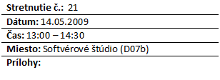 Blok textu: Stretnutie .:  21
Dtum: 14.05.2009
as: 13:00 – 14:30
Miesto: Softvrov tdio (D07b)
Prlohy: 


