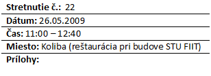 Blok textu: Stretnutie .:  22
Dtum: 26.05.2009
as: 11:00 – 12:40
Miesto: Koliba (retaurcia pri budove STU FIIT)
Prlohy: 


