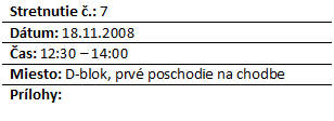 Blok textu: Stretnutie .: 7
Dtum: 18.11.2008
as: 12:30 – 14:00
Miesto: D-blok, prv poschodie na chodbe
Prlohy: 


